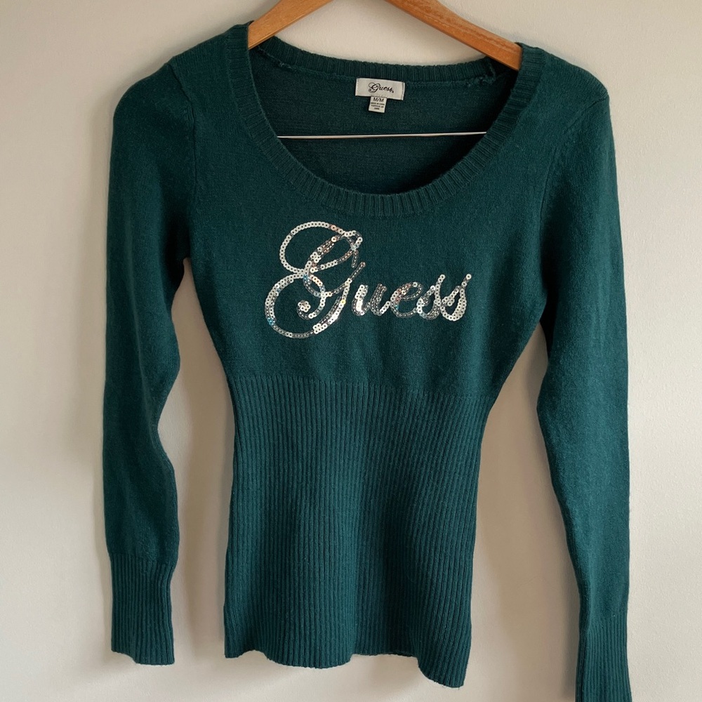 Y2K 2000’s Guess long sleeve knit top sequin spellout emerald green size medium